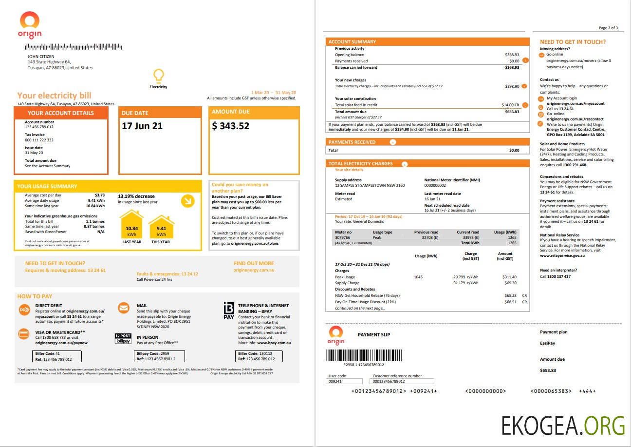 Australia New South Wales (NSW) Origin electricity utility bill template in Word and PDF format 1 2